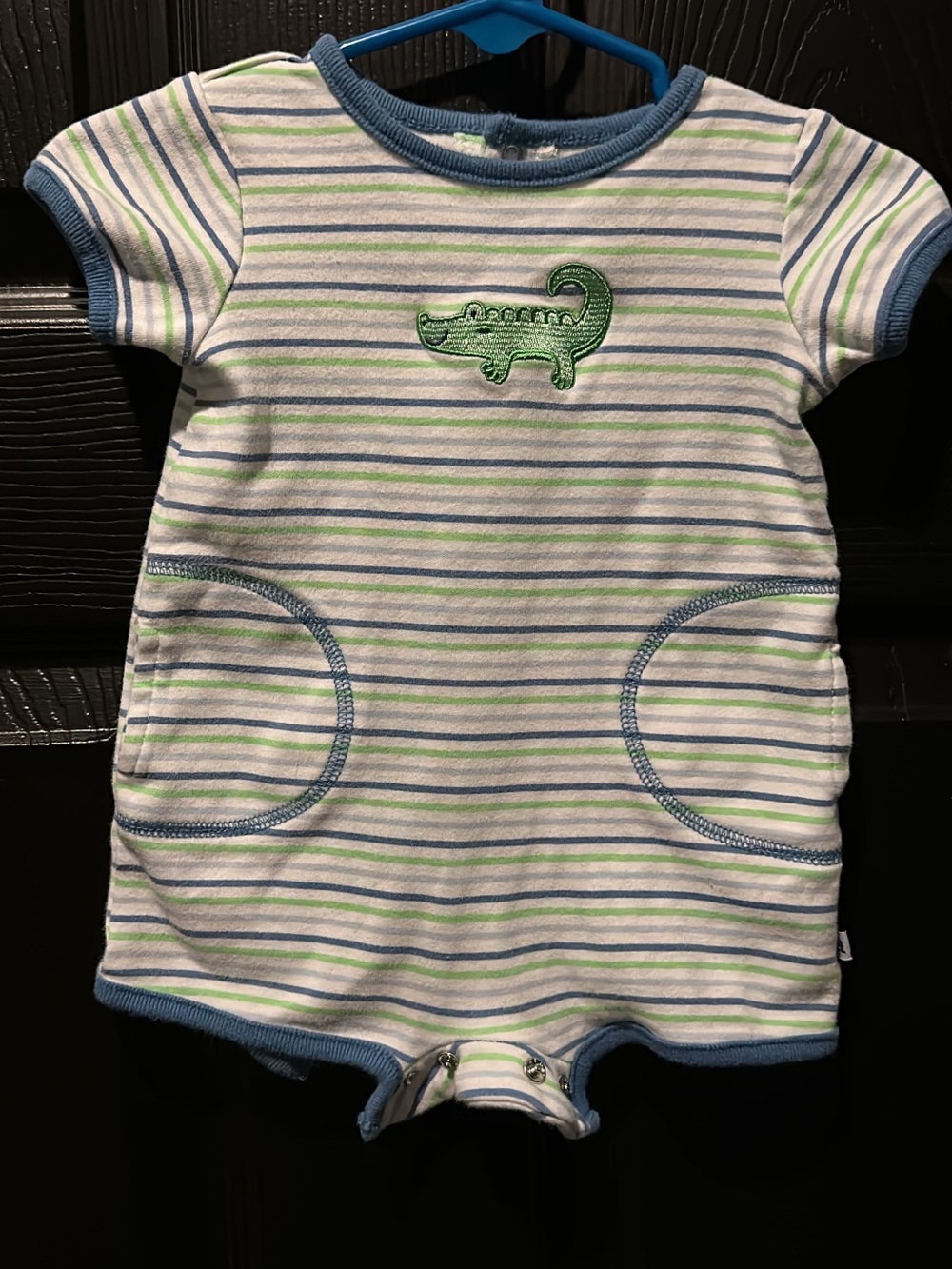 Striped Baby Romper with Green Alligator Applique